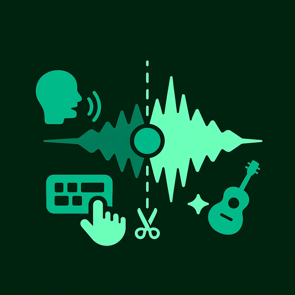 An illustration showing a waveform being split into vocals and instrumentals by the AI Vocal Remover